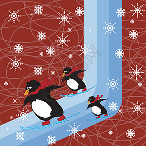和企鹅滑雪梦幻的冬天设计图片