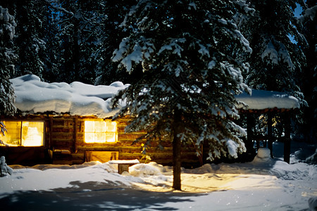 月光寒冬夜的舒适原木小屋木屋蓝色温暖居住假期小木屋住宅阴影森林贫困图片