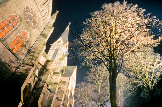 夜间大型石块教堂建筑宗教上帝大教堂教会历史性阴影祷告信仰树木图片