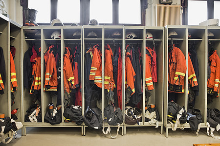 储物柜套装消防员西服救援红色安全消防局靴子情况橙子工作服公务员紧迫感背景