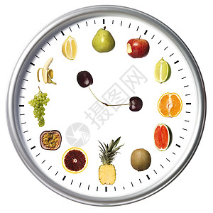 水果钟在白色上被孤立食物茶点橙子柚子午餐厨房分针香蕉圆圈色彩图片