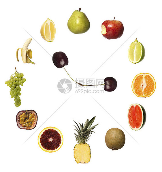 水果钟在白色上被孤立橙子人体午餐香水柚子甜食素食圆圈食物西瓜图片