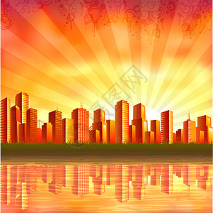 日落城市天际海岸线太阳光线支撑建筑物反射风景地平线海洋天空图片