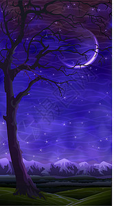 夜树高地蓝色坡度插图新月星星丘陵植物群天空场景图片