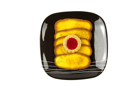 白色背景上孤立的饼干牌Name宏观盘子陶瓷黄色小吃紧缩团体面包脆皮营养图片
