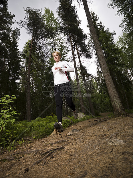 女人在树林里奔跑太阳休闲保健锻炼文胸肌肉金发腹肌天空魅力图片