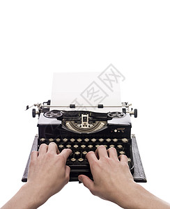 在老式打字机上写作键盘钥匙手指字母生产白色图片
