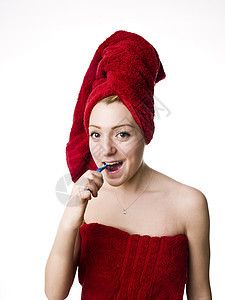 女孩刷牙保健微笑毛巾淋浴女士牙膏棕色刷子金发眼睛图片
