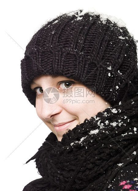 身着冬衣的女孩头骨衣服针织围巾毛衣工作室手套女士图片