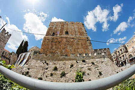 耶路撒冷旧城古老城堡的鱼眼观风景堡垒纪念碑都市城堡文化游客风化失真遗产图片