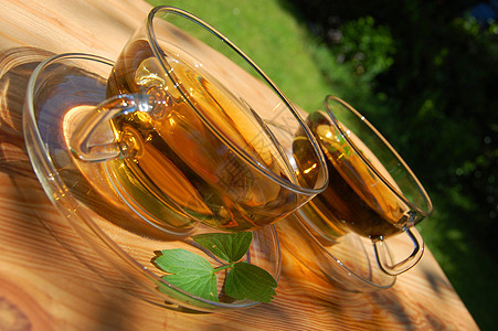 园中的茶杯绿色园艺餐巾玻璃餐具公园饮料杯子薄荷桌子图片