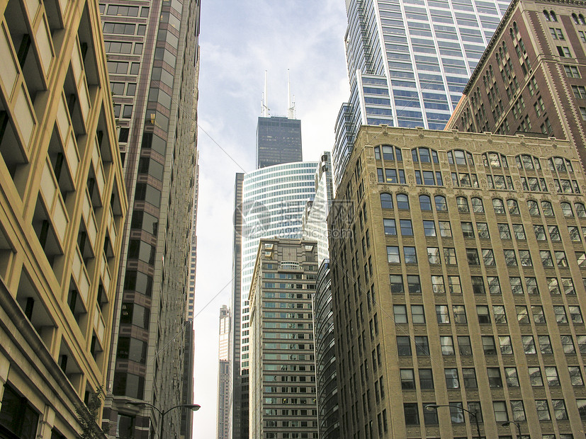 芝加哥之景天际建筑物场景旅行日落摩天大楼城市商业办公室街道图片