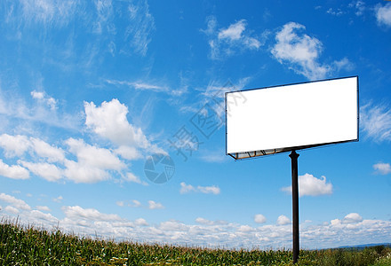 在字段中带有复制空间的广告牌横幅商业广告展示框架白色蓝色宣传空白公告图片