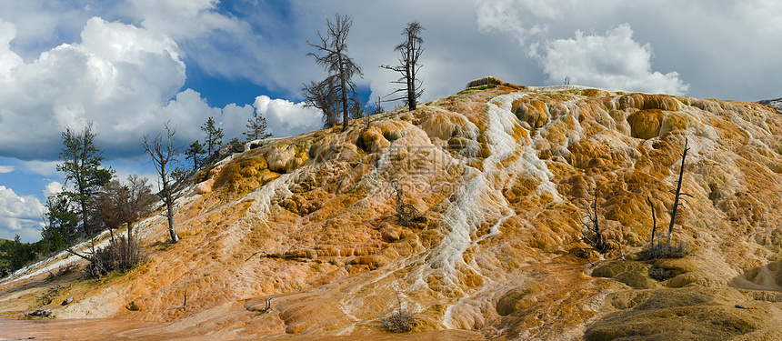 美国怀俄明州黄石公园温泉的矿物沉积形成的山岩(石灰石)丘体全景图片