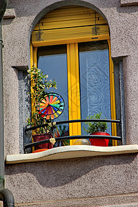 窗口和鲜花花朵装潢百叶窗窗户阳台栏杆风格绿色花瓶紫色图片
