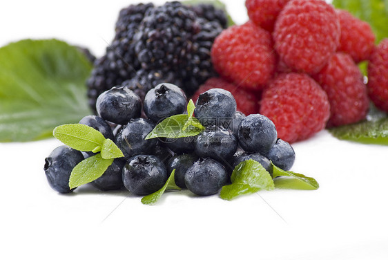 新鲜夏季浆果白色树叶甜点团体食物美食营养蓝色圆形水果图片