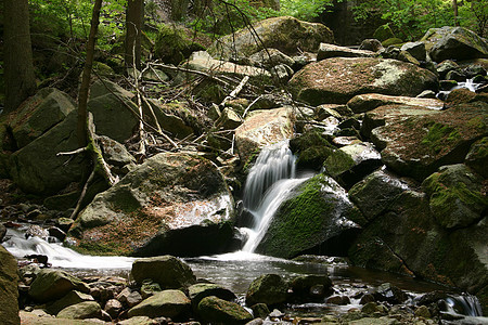 山区流黄色瀑布山脉巨石棕色岩石绿色树叶森林石头图片