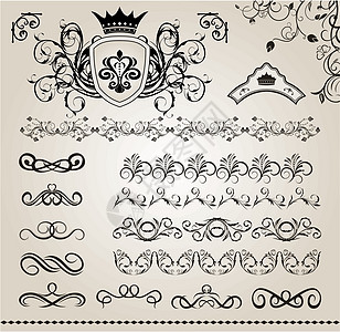 复古欧式宫廷成套花形设计要素5叶状邀请函文档插图标签控制板花丝卡片滚动纹章插画