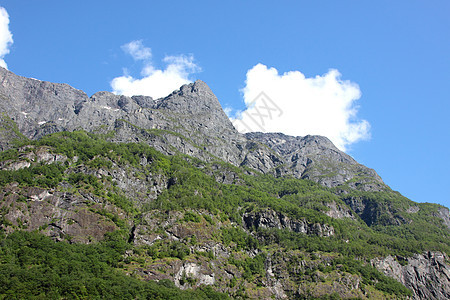 春天在挪威山坡上顶峰牧场场地全景旅行环境草地风景蓝色木头图片