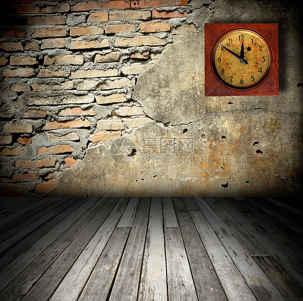 有砖墙的旧房间计时员圆圈石头地面水泥钟表房子乡村建筑手表图片