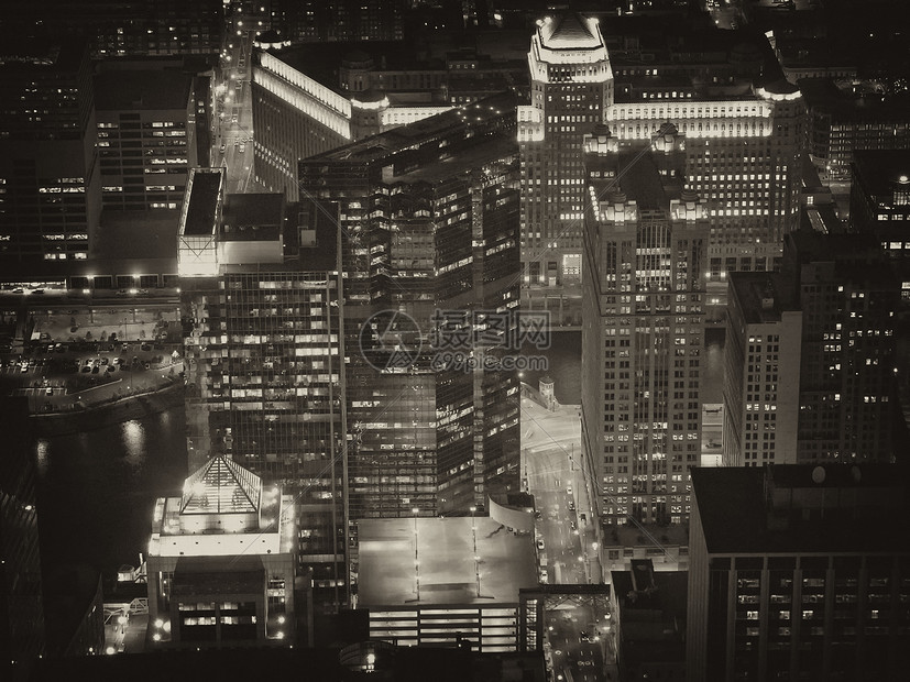 芝加哥空中观察反射足球旅行日落景观天际场地市中心商业场景图片