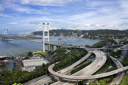 香港清马桥景观交通曲线辉光车辆市中心天空蓝色海洋地标图片