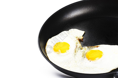 锅里炒鸡蛋食物白色平底锅黑色早餐黄色棕色蛋黄背景图片