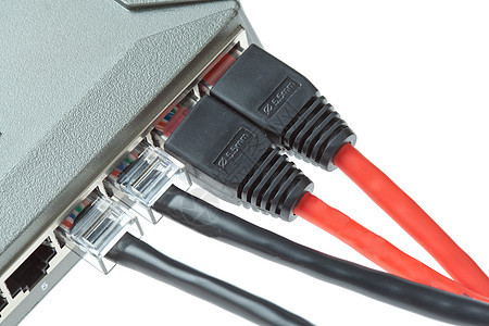 白色背景带路由器的计算机局域网电缆路线速度宏观插头连接器金属蓝色电脑港口图片