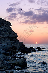 贝蒂丰日落风景海岸海鸥岩石阳光全景戏剧性日出海景假期图片