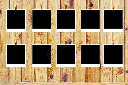 一组十块旧的空白极地板框 躺在木质表面木头照片相片集笔记边界插图标签专辑木板框架图片