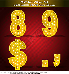 带灯光的金色风格中的Arial Font聚光灯夜店扑克电影收藏游戏字体金子奢华辉光图片