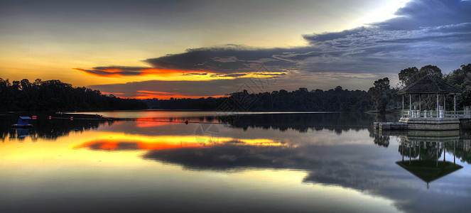 全景湖日落图片