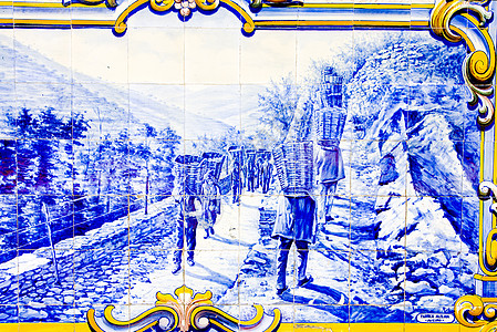 平豪 杜罗谷 波尔等地火车站的瓷砖葡萄绘画蓝色艺术外观河谷装饰栽培图片