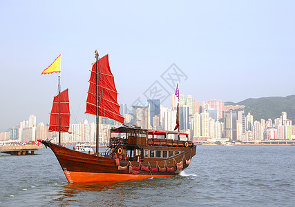 香港的废船木头旗帜垃圾游客观光城市海洋建筑旅行血管图片