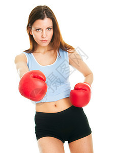美貌佳人练拳拳击身体女孩微笑蓝色火车手套健身房肌肉女性图片