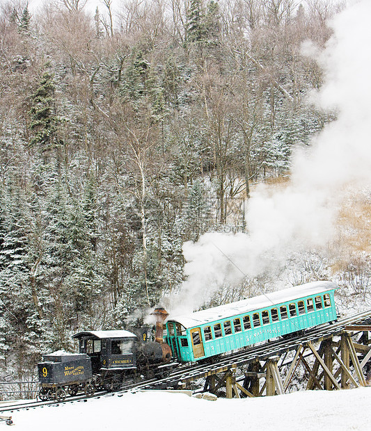 美国新罕布什尔州布雷顿森林 华盛顿高峰铁路交通工具山区旅行窄轨火车蒸汽桥梁机器铁路运输外观图片