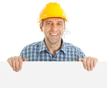 显示空版板的自信工人服务职业维修微笑卡片海报男性承包商横幅木匠图片