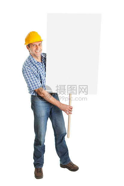 显示空版板的自信工人服务职业卡片木板海报男人承包商成功横幅工人图片