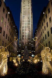 美国纽约州纽约市 圣诞节洛克菲勒中心建筑位置旅行外观城市建筑物市政摩天大楼照明世界图片