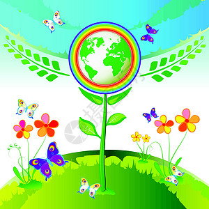 生态地球花花彩虹叶子力量插图全球蝴蝶天空回收生活世界图片