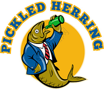 Herring鱼商公司西装 喝啤酒瓶艺术品卡通片插图商务啤酒套装瓶子图片