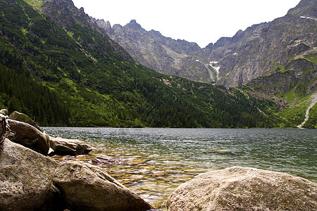 位于湖边的山衬套森林巅峰天空风景苔藓天际土地绿色跳闸图片