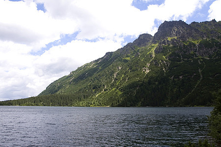 湖边的山脉天际巅峰森林全景苔藓蓝色衬套跳闸石头土地图片