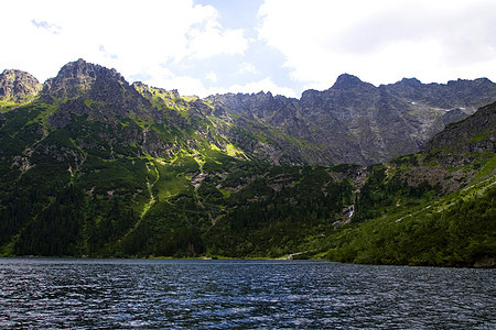 Tatra山蓝色太阳天空衬套石头巅峰全景苔藓绿色森林图片
