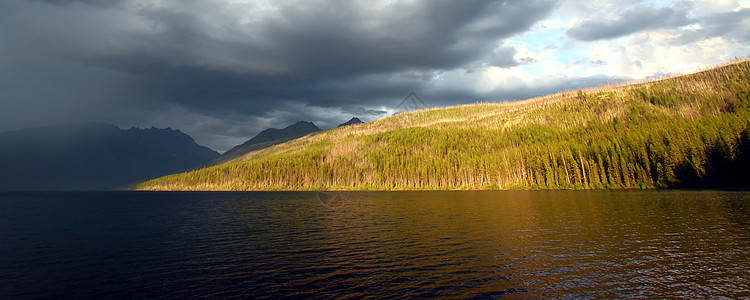 Kintla湖冰川国家公园栖息地冰川风景风暴地形顶峰天气旅行淋浴树木图片