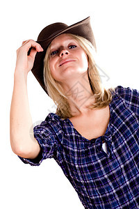 穿着牛仔帽的漂亮西雅漂亮的女士金发女郎蓝色微笑棉布女性帽子牛仔衬衫成人白色图片