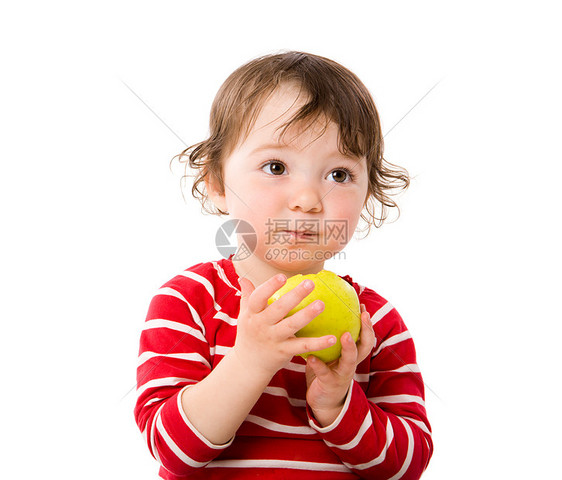 女孩吃苹果童年快乐微笑后代喜悦生长卷曲女儿享受衬衫图片
