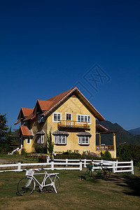 山上黄色经典房子班级树木住宅历史性财产园林院子木头绿化家庭图片