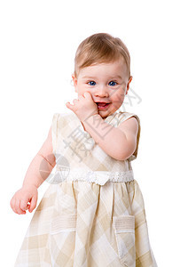 女婴微笑幸福孩子童年女孩快乐蓝色婴儿好奇心工作室图片