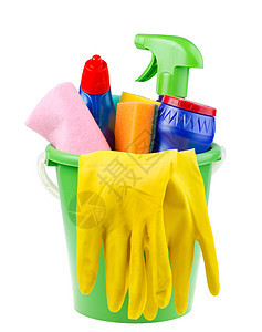 装有清洁用品的桶桶化学品塑料液体软垫卫生蓝色手套清洁工抹布除尘器图片
